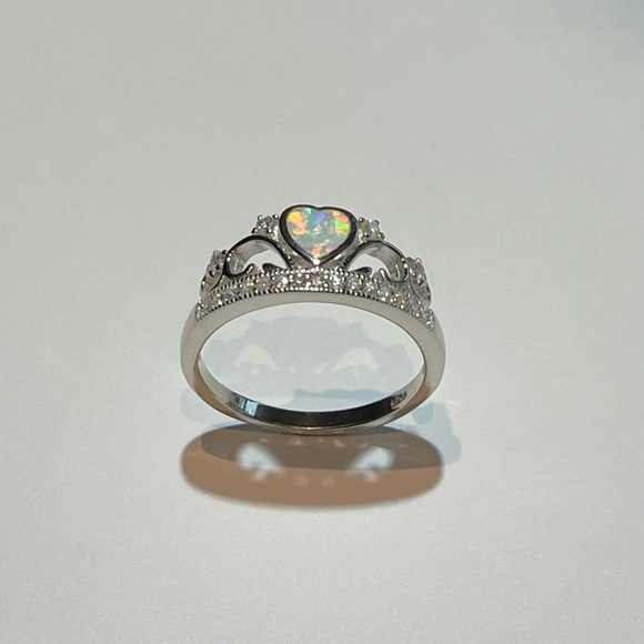 Sterling Silver White Lab Opal Heart with CZ Crown Ring, Silver Hearts Jewelry - Picture 6 of 12